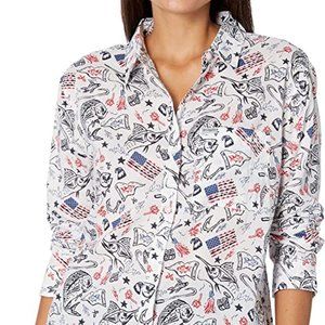 🆕Columbia Women's Slack Water Woven LS Shirt, White Americana Fishing Print,NWT